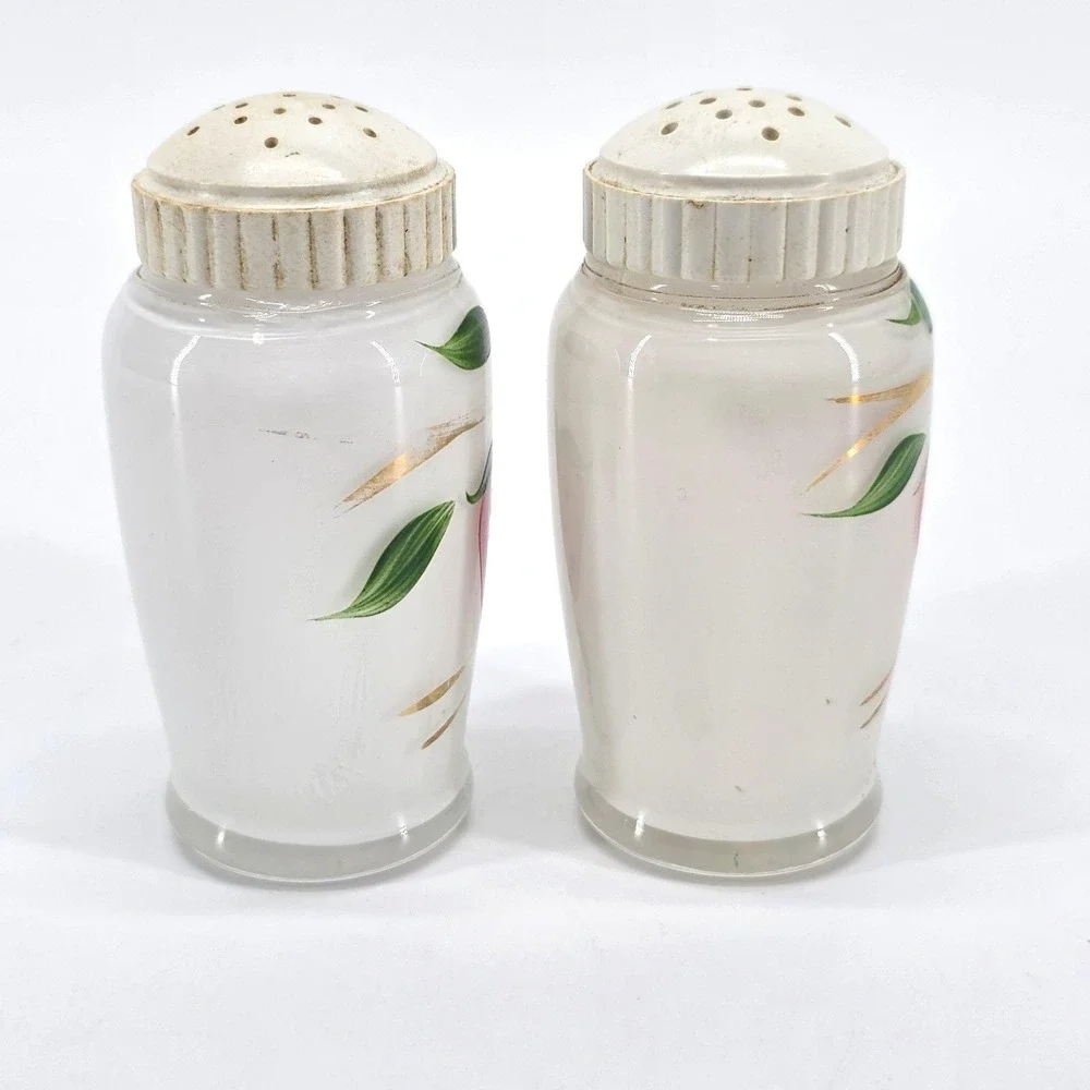 Vintage Bartlett Collins Painted Strawberry Milk Glass Salt & Pepper Shakers Set